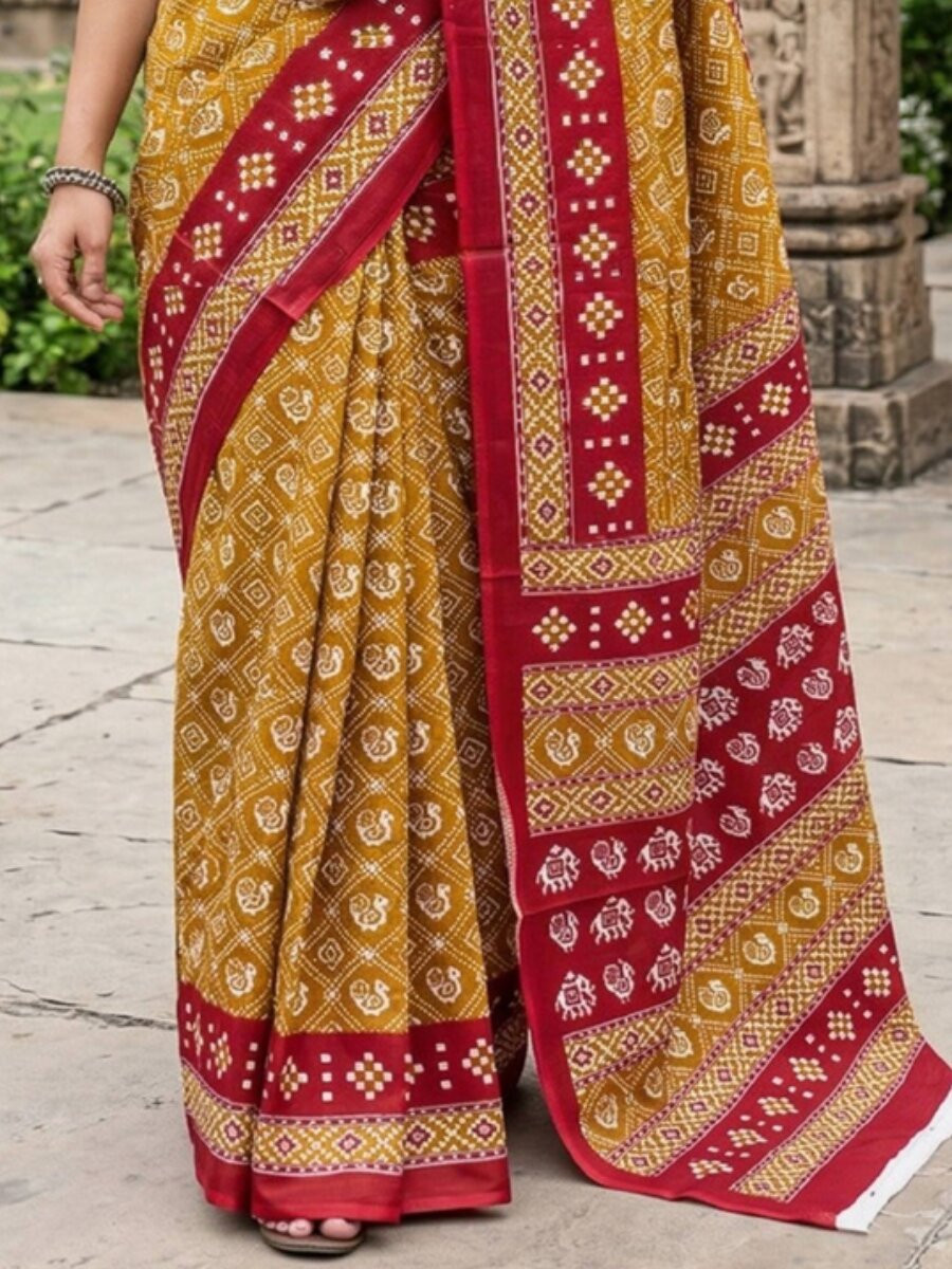 Yellow Soft Pure Cotton Printed Party Festival Casual Classic Style Sarees