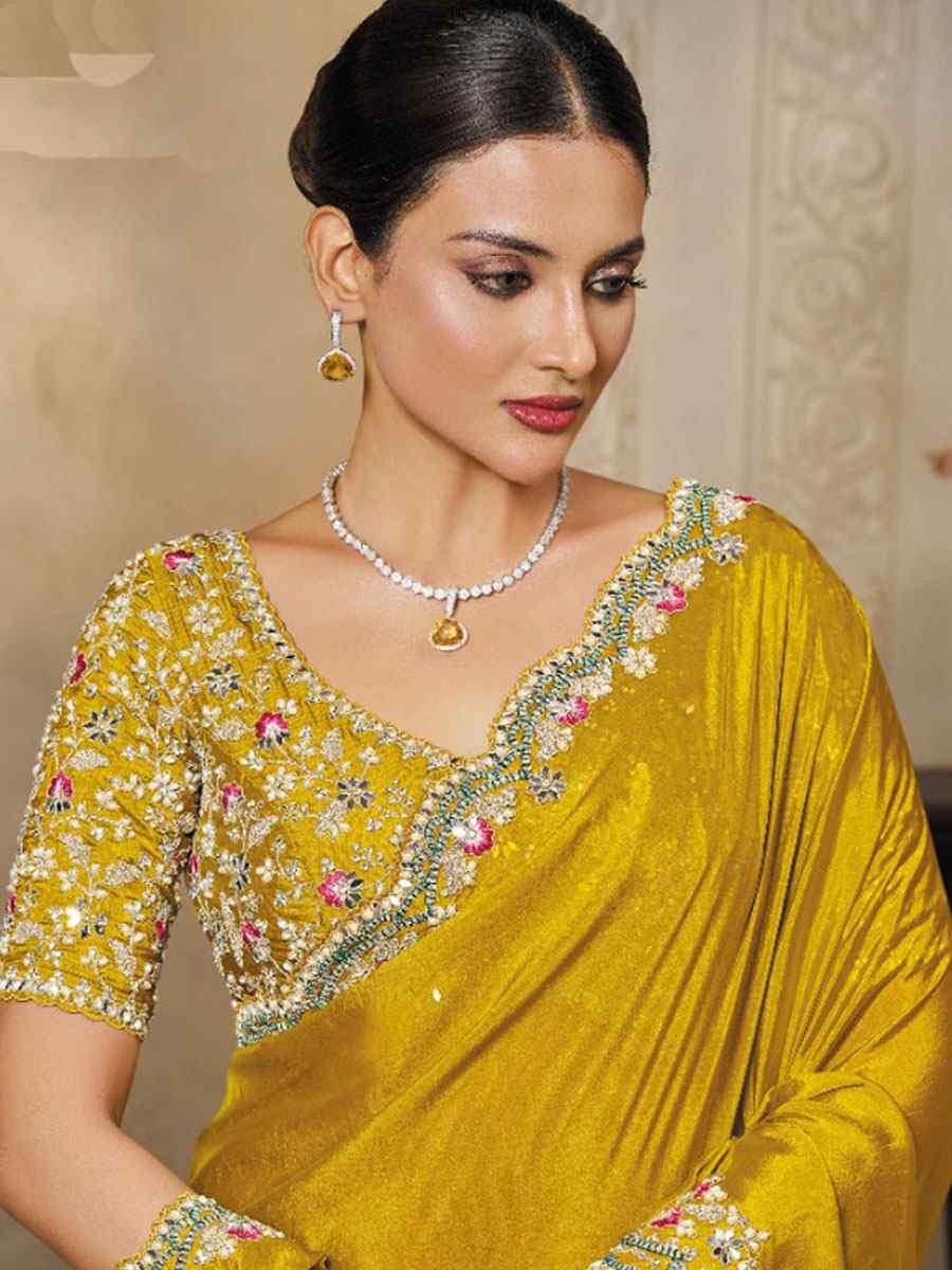Yellow Soft Satin Silk Embroidery Festival Wedding Fancy Heavy Border Saree