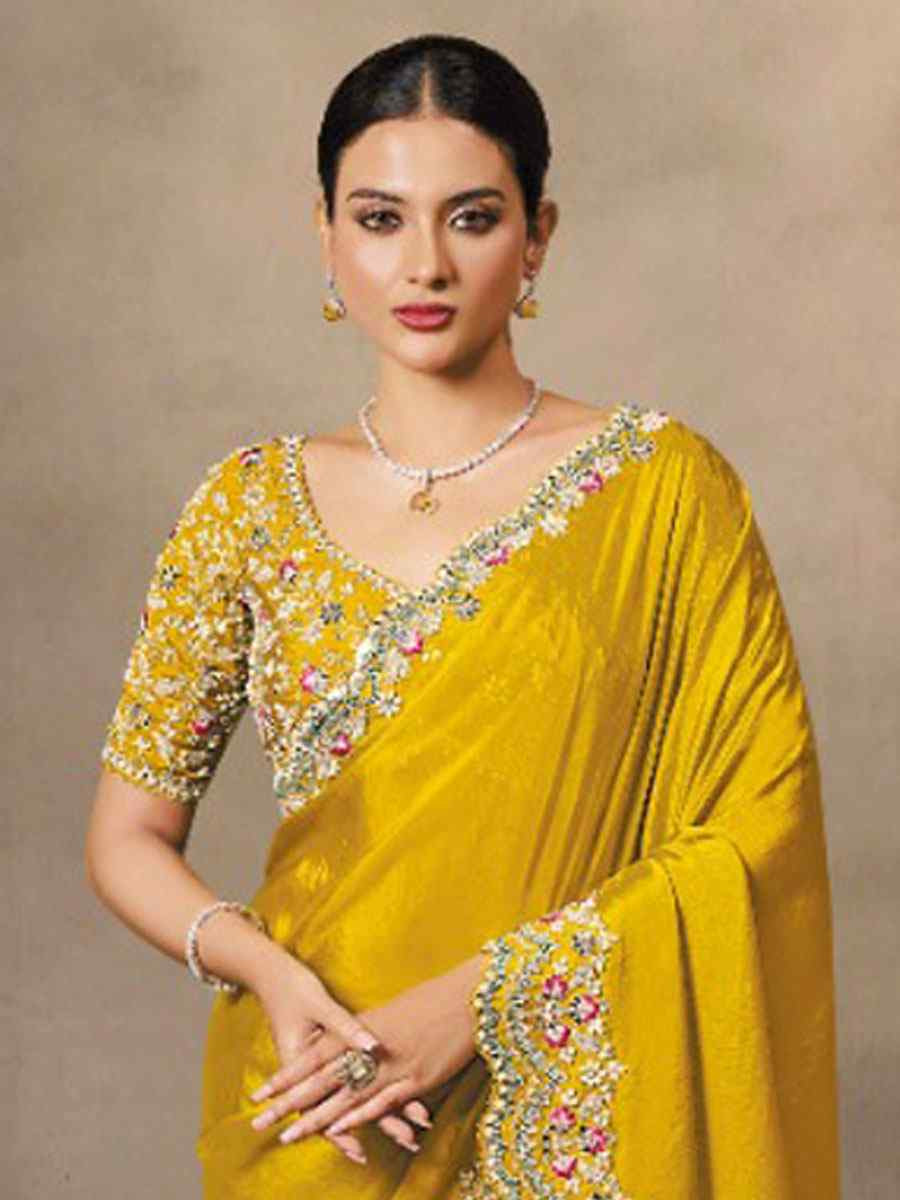 Yellow Soft Satin Silk Embroidery Festival Wedding Fancy Heavy Border Saree