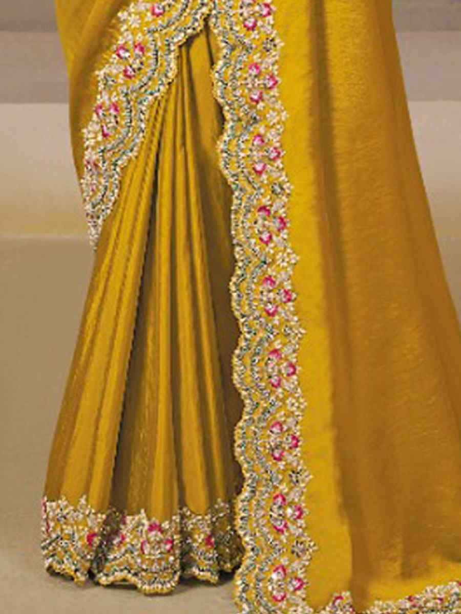 Yellow Soft Satin Silk Embroidery Festival Wedding Fancy Heavy Border Saree