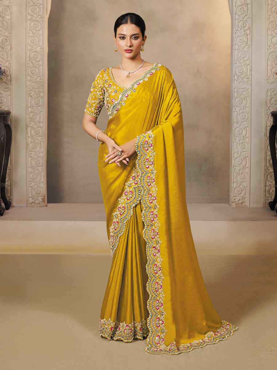 Yellow Soft Satin Silk Embroidery Traditional Bridal Reception Festival Wedding Fancy Heavy Border Saree