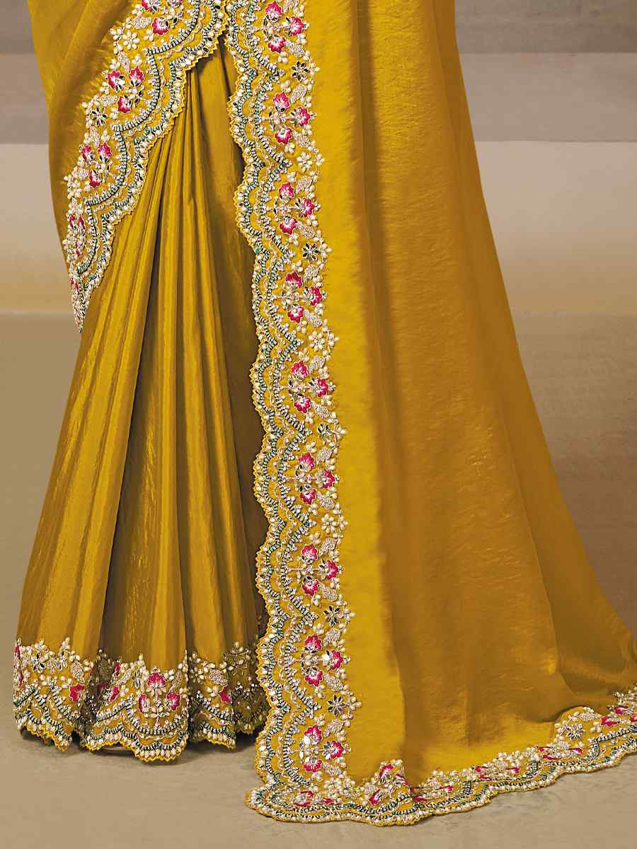 Yellow Soft Satin Silk Embroidery Traditional Bridal Reception Festival Wedding Fancy Heavy Border Saree
