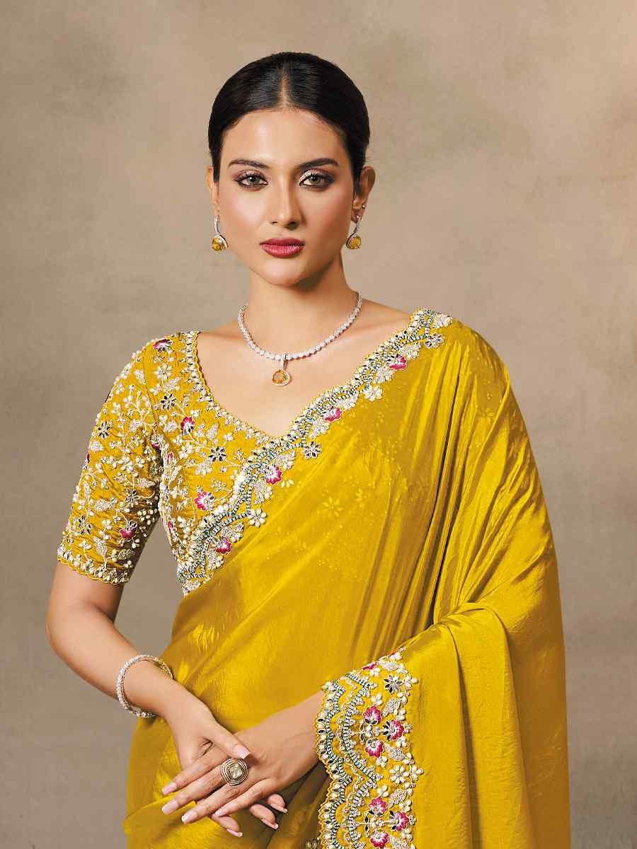 Yellow Soft Satin Silk Embroidery Traditional Bridal Reception Festival Wedding Fancy Heavy Border Saree