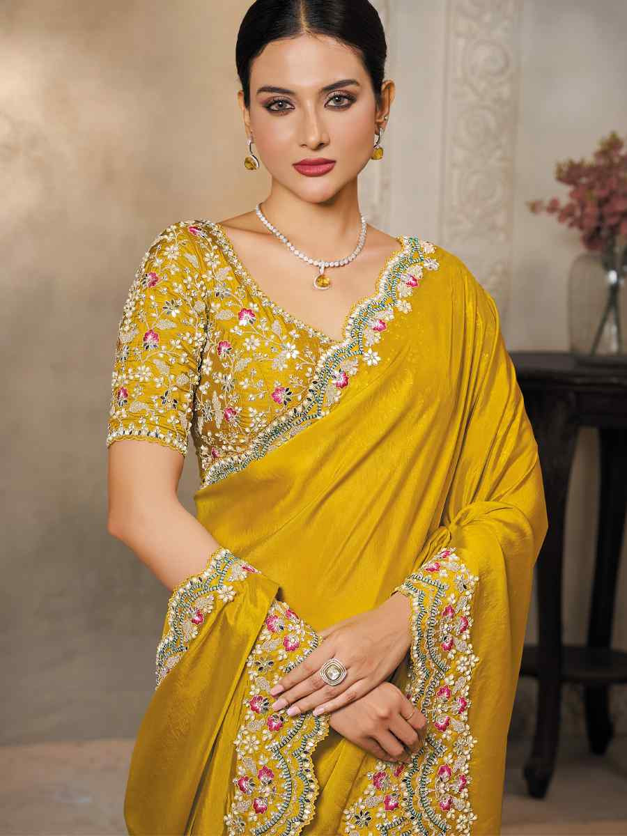Yellow Soft Satin Silk Embroidery Traditional Bridal Reception Festival Wedding Fancy Heavy Border Saree