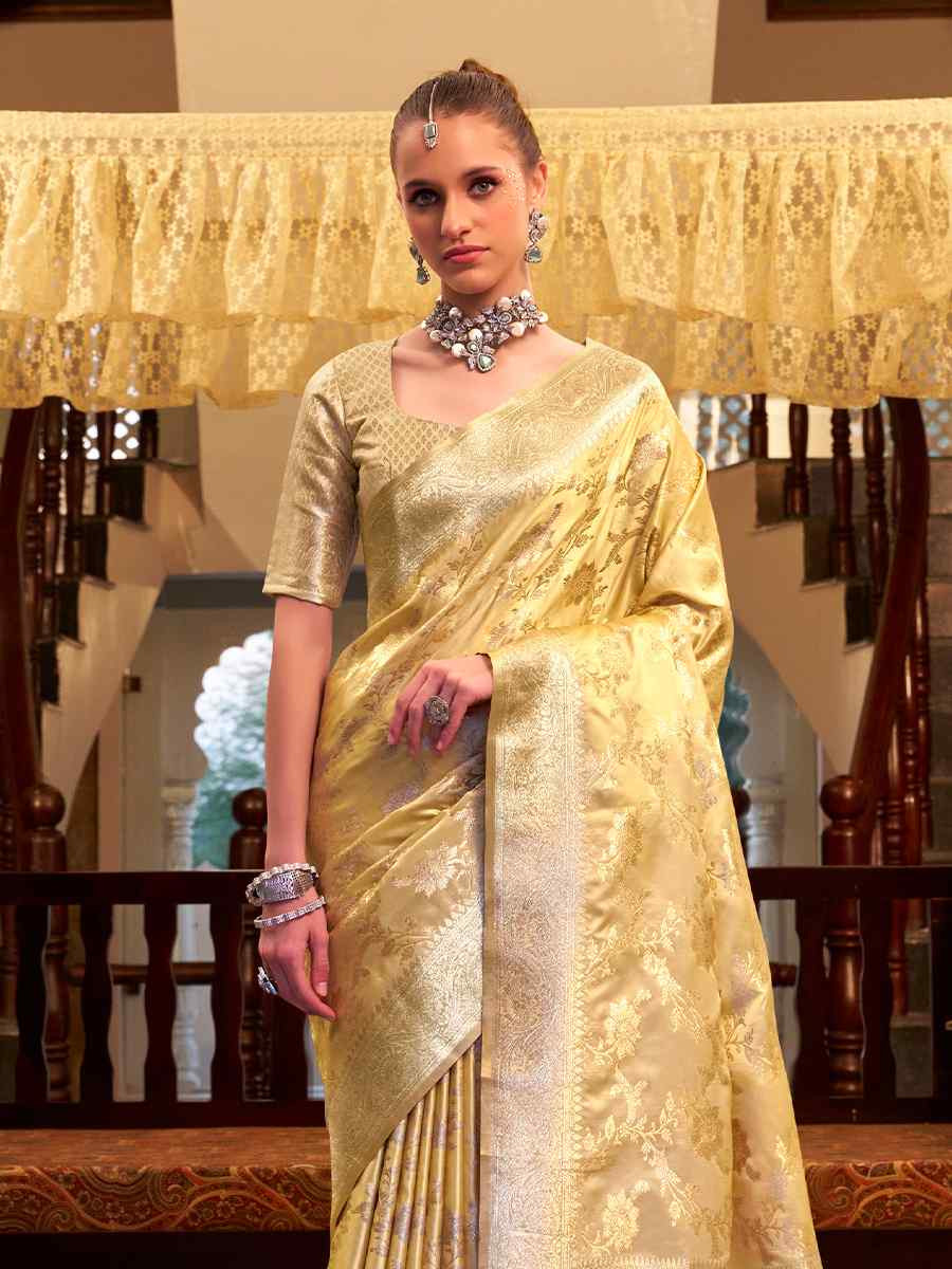 Yellow Soft Satin Silk Handwoven Festival Wedding Fancy Heavy Border Saree