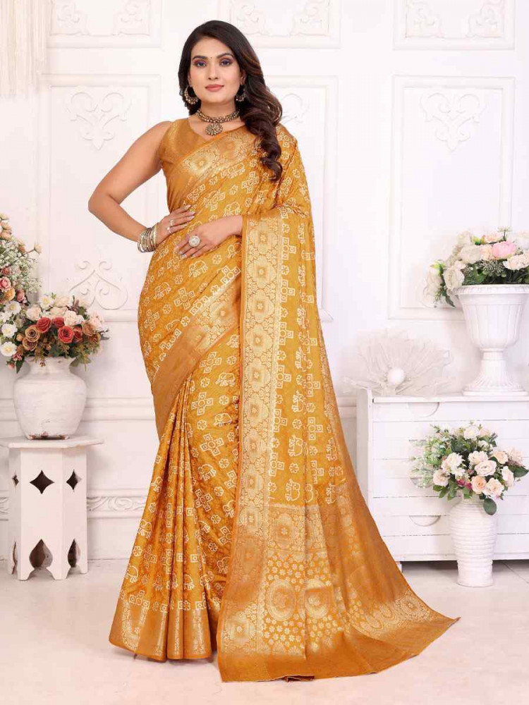 Image of Yellow Soft Satin Silk Handwoven Festival Wedding Fancy Heavy Border Saree