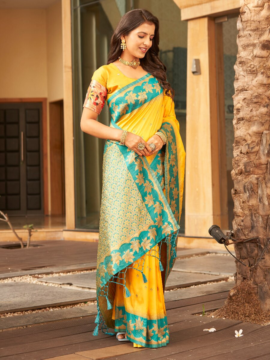 Yellow Soft Silk Banarasi Zari Weaves Meenakari Work Wedding Reception Party Festival Casual Heavy Border Sarees