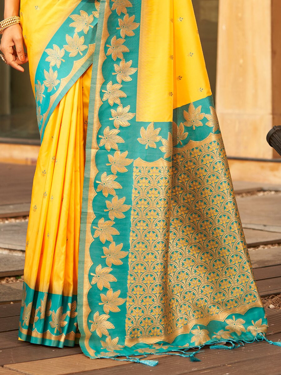 Yellow Soft Silk Banarasi Zari Weaves Meenakari Work Wedding Reception Party Festival Casual Heavy Border Sarees