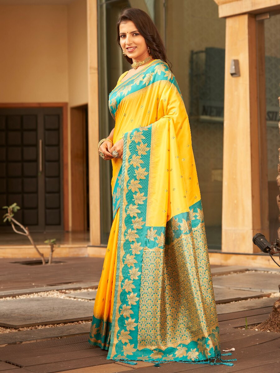 Yellow Soft Silk Banarasi Zari Weaves Meenakari Work Wedding Reception Party Festival Casual Heavy Border Sarees