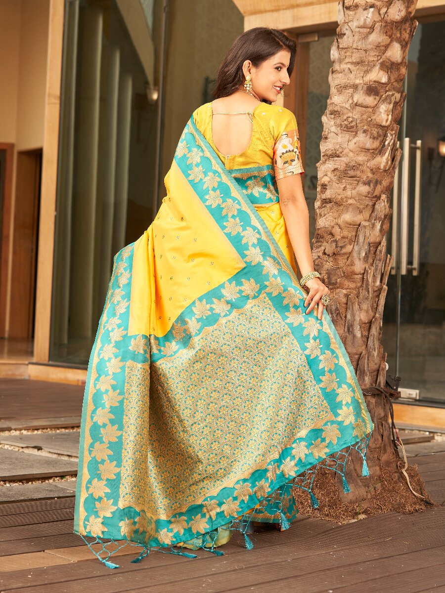 Yellow Soft Silk Banarasi Zari Weaves Meenakari Work Wedding Reception Party Festival Casual Heavy Border Sarees