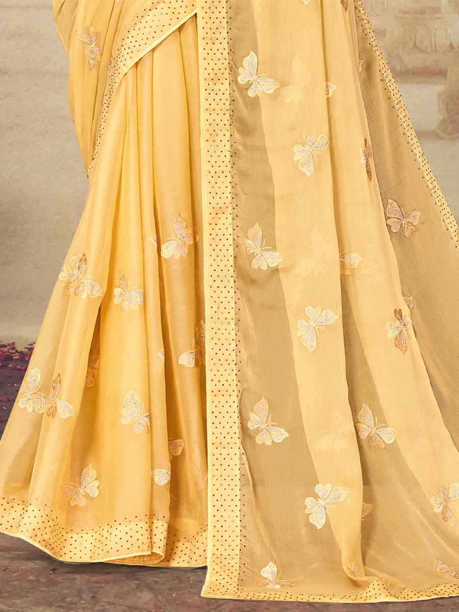 Yellow Soft Silk Chiffon Embroidered Wedding Party Heavy Border Saree