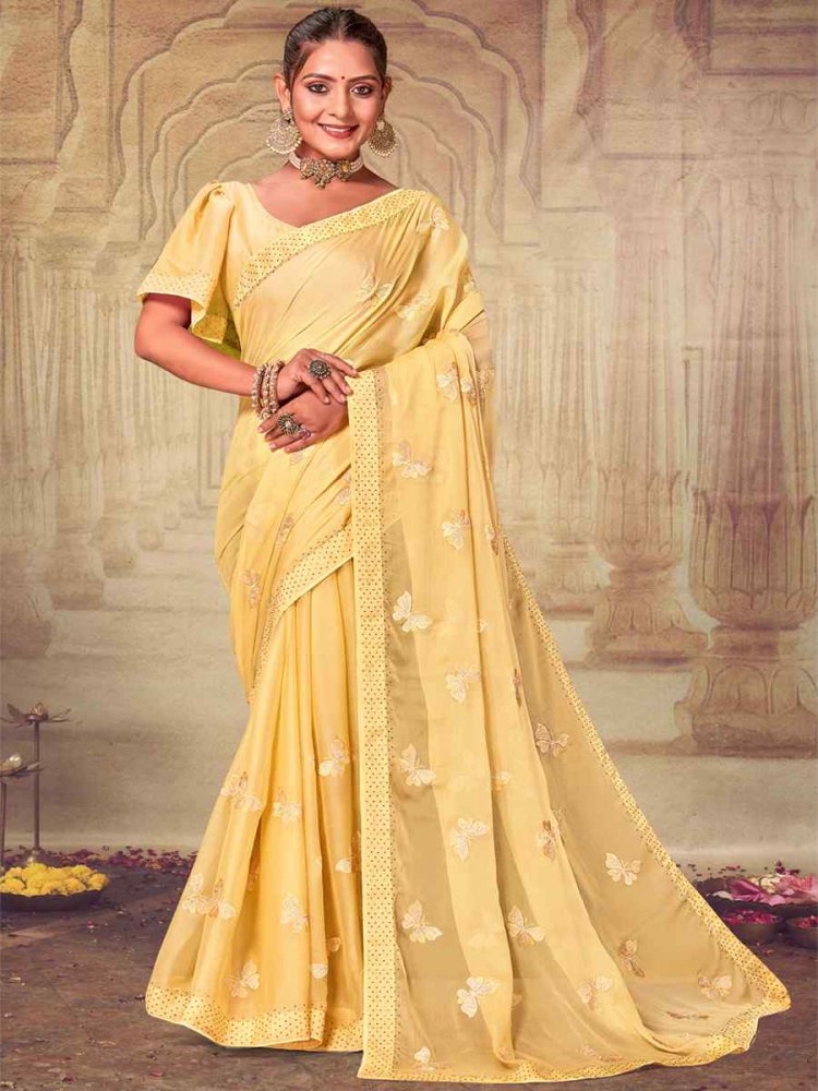 Yellow Soft Silk Chiffon Embroidered Wedding Party Heavy Border Saree