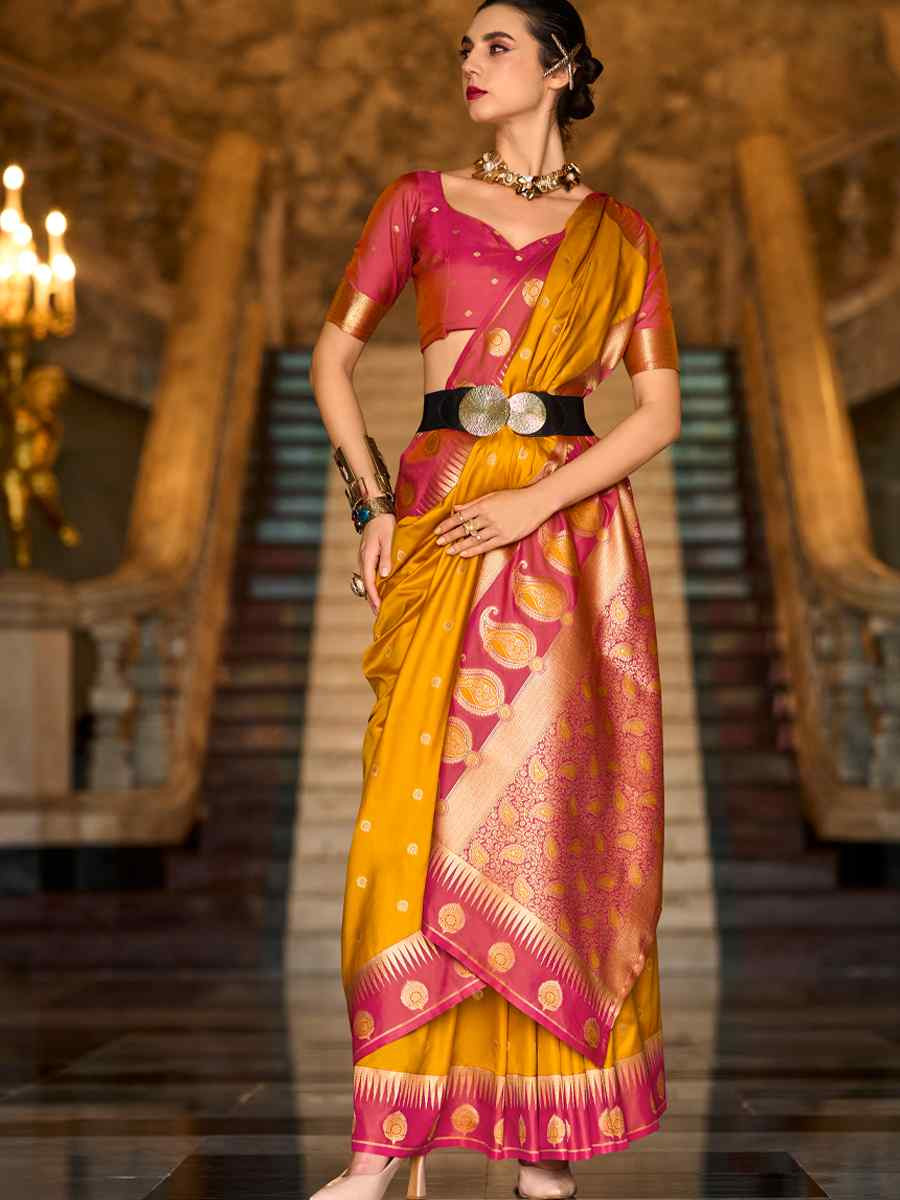 Yellow Soft Silk Handwoven Festival Wedding Fancy Heavy Border Saree