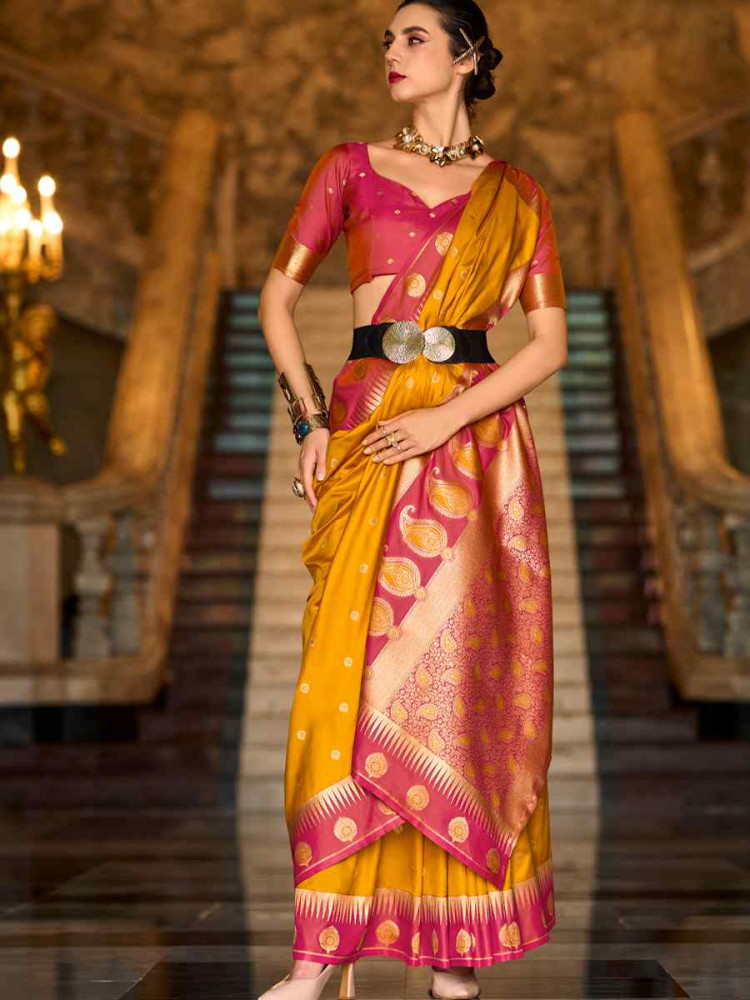 Yellow Soft Silk Handwoven Festival Wedding Fancy Heavy Border Saree