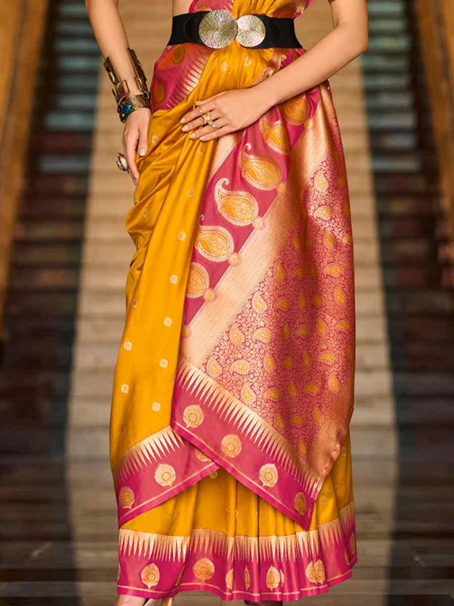 Yellow Soft Silk Handwoven Festival Wedding Fancy Heavy Border Saree