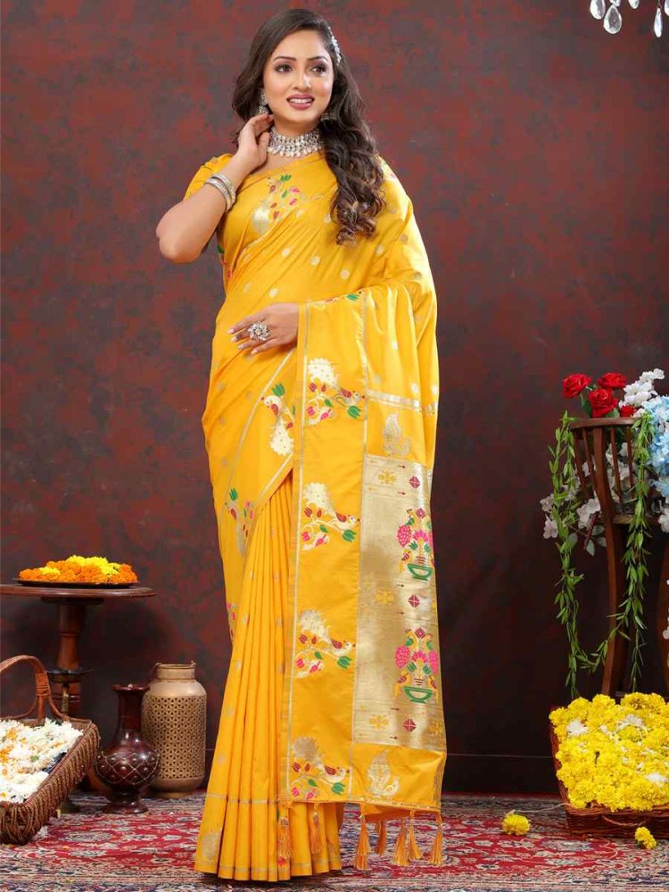 Yellow Soft Silk Handwoven Wedding Festival Heavy Border Saree