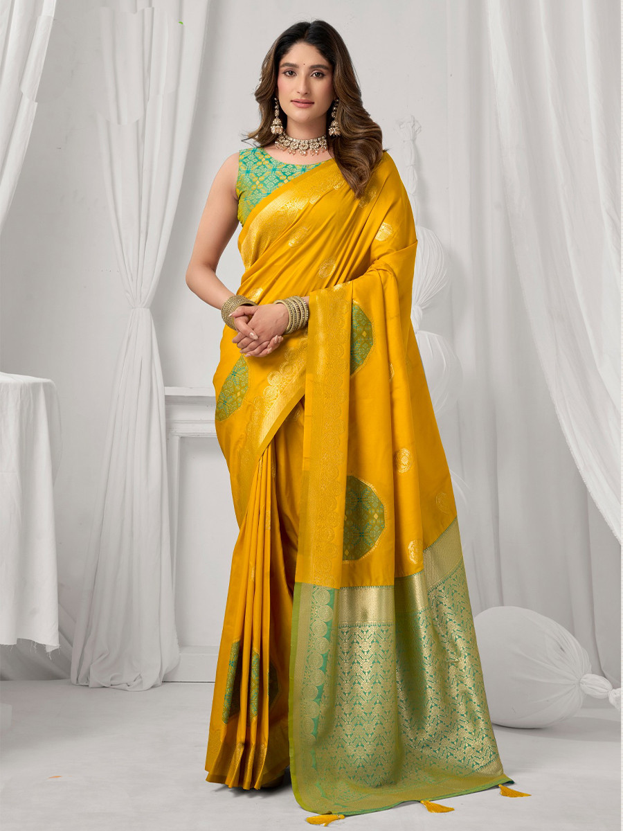 Yellow Soft Silk Kanjivaram Zari Brocade Wedding Party Festival Heavy Border Sarees