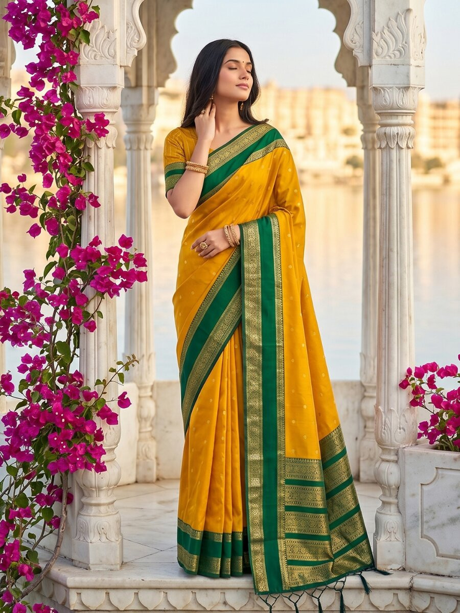 Yellow Soft Silk Zari Weaving Wedding Reception Party Festival Casual Heavy Border Sarees