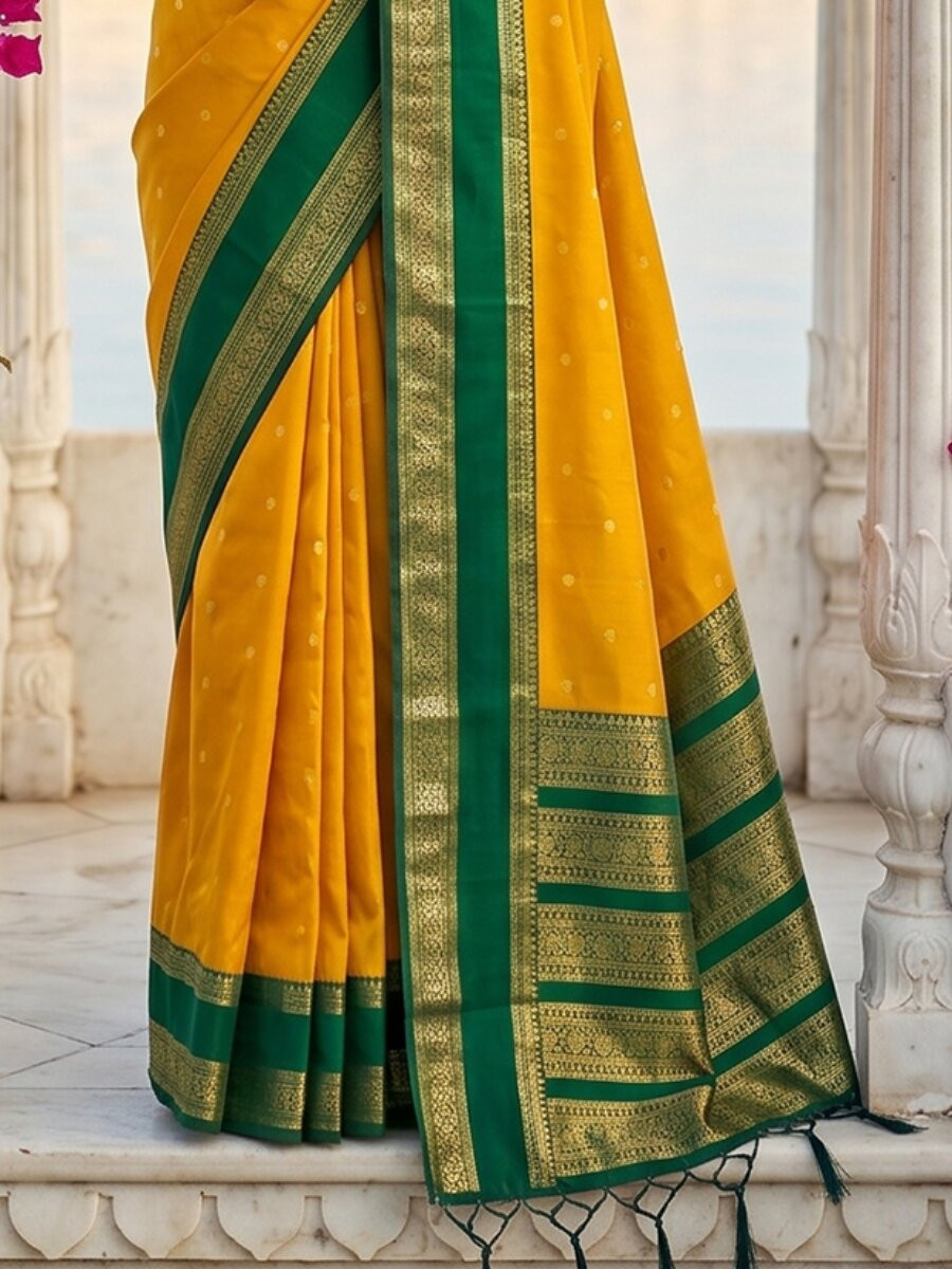 Yellow Soft Silk Zari Weaving Wedding Reception Party Festival Casual Heavy Border Sarees