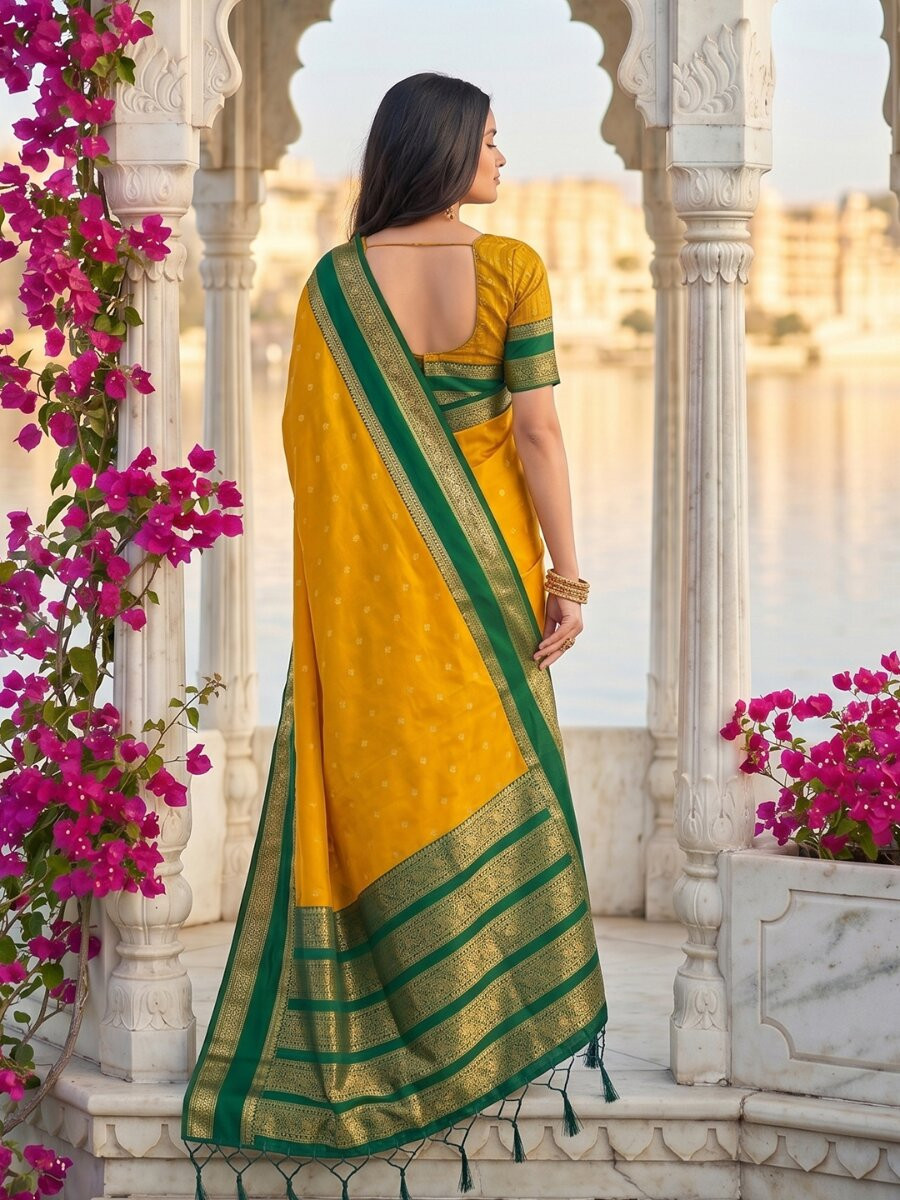 Yellow Soft Silk Zari Weaving Wedding Reception Party Festival Casual Heavy Border Sarees