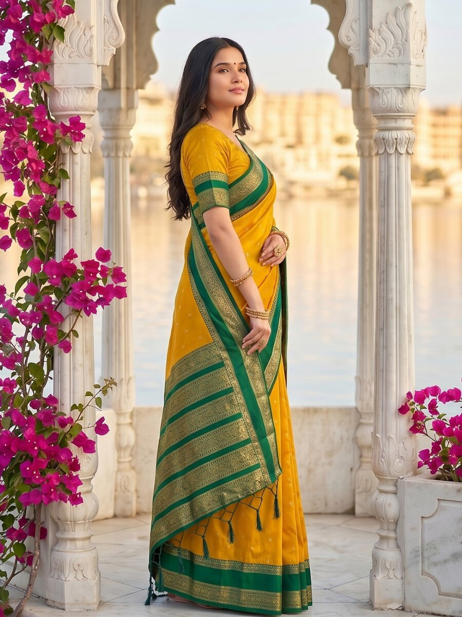 Yellow Soft Silk Zari Weaving Wedding Reception Party Festival Casual Heavy Border Sarees
