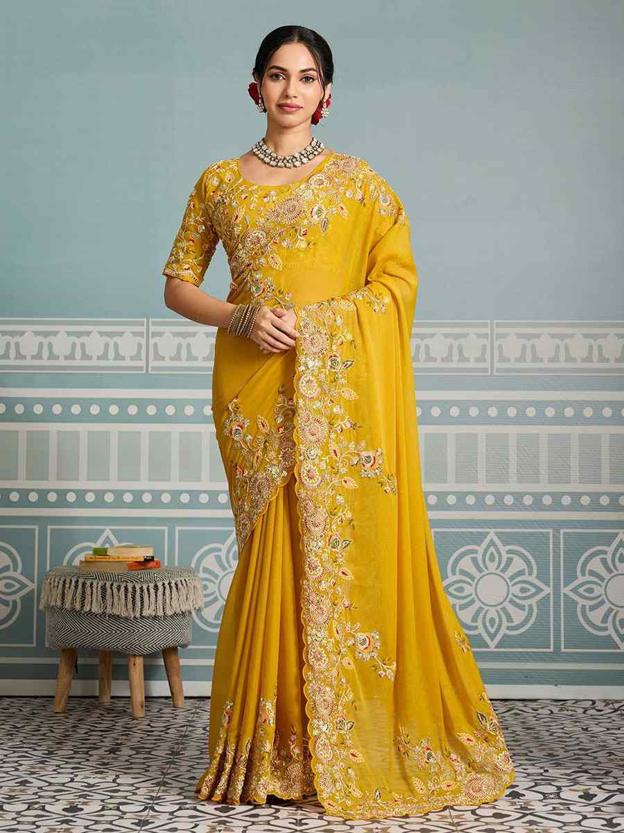 Yellow Soft Star Georgette Embroidery Bridal Reception Festival Wedding Fancy Heavy Border Saree