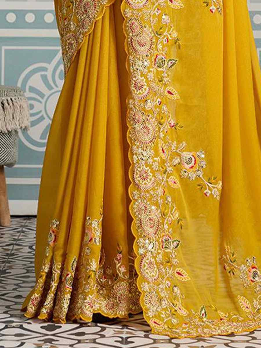 Yellow Soft Star Georgette Embroidery Bridal Reception Festival Wedding Fancy Heavy Border Saree