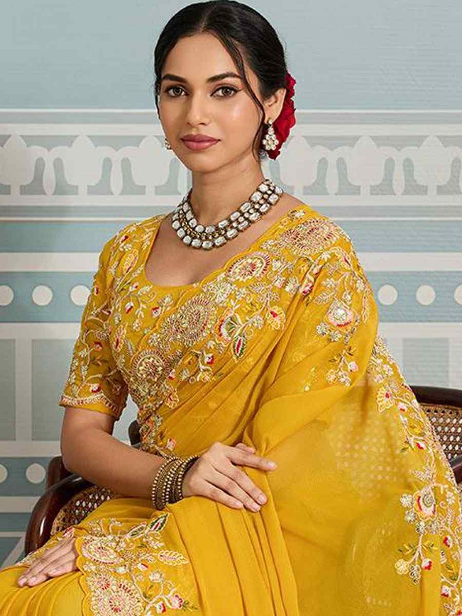 Yellow Soft Star Georgette Embroidery Bridal Reception Festival Wedding Fancy Heavy Border Saree
