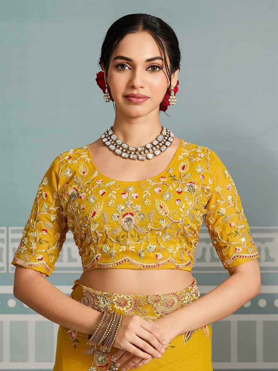 Yellow Soft Star Georgette Embroidery Bridal Reception Festival Wedding Fancy Heavy Border Saree