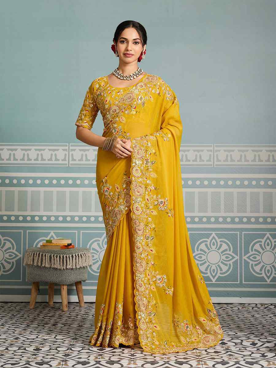 Yellow Soft Star Georgette Sequins Embroidery Festival Wedding Fancy Classic Heavy Border Saree