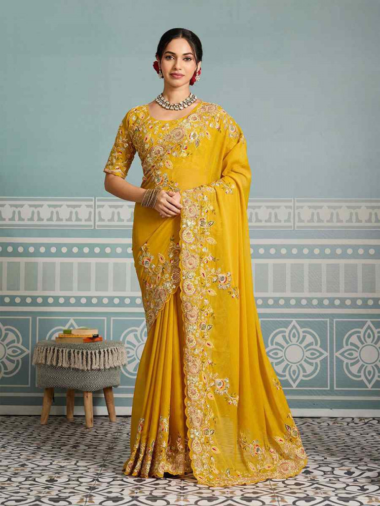 Image of Yellow Soft Star Georgette Sequins Embroidery Festival Wedding Fancy Classic Heavy Border Saree