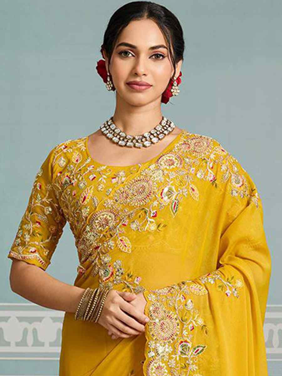 Yellow Soft Star Georgette Sequins Embroidery Festival Wedding Fancy Classic Heavy Border Saree