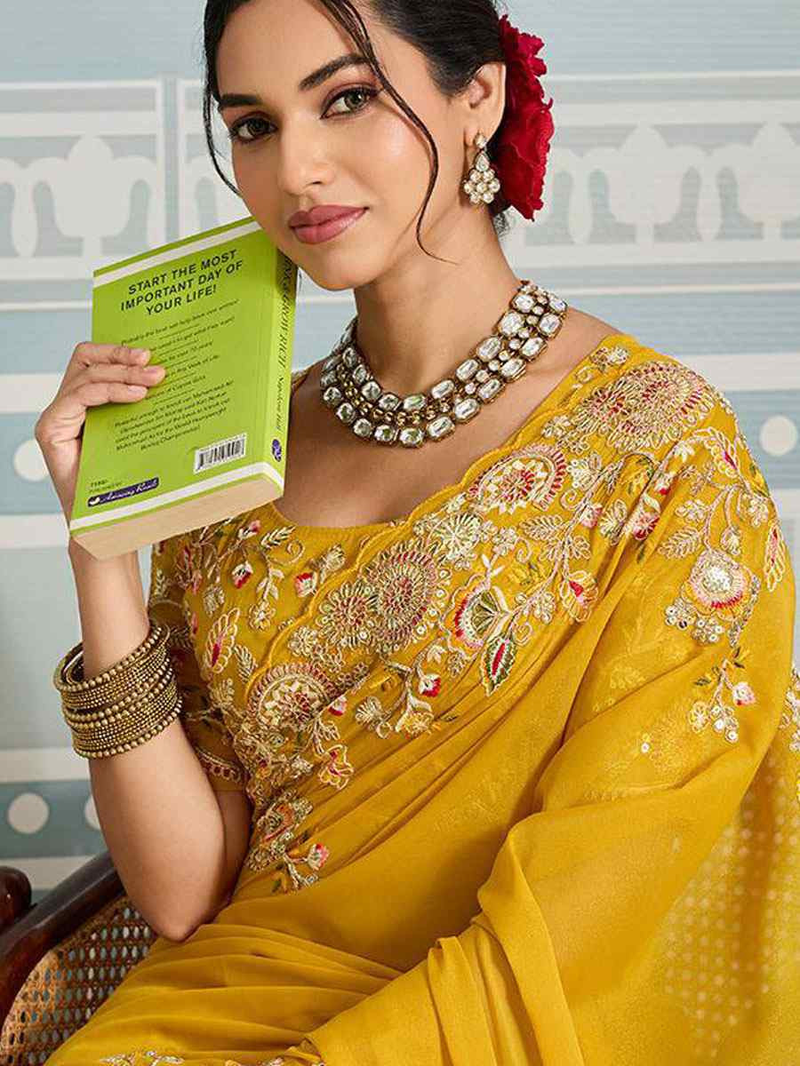 Yellow Soft Star Georgette Sequins Embroidery Festival Wedding Fancy Classic Heavy Border Saree