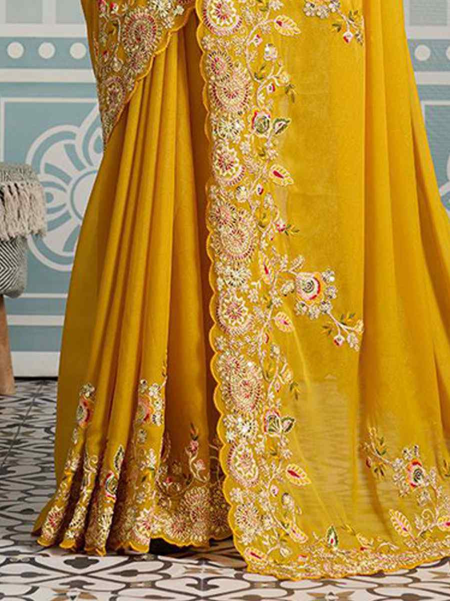Yellow Soft Star Georgette Sequins Embroidery Festival Wedding Fancy Classic Heavy Border Saree