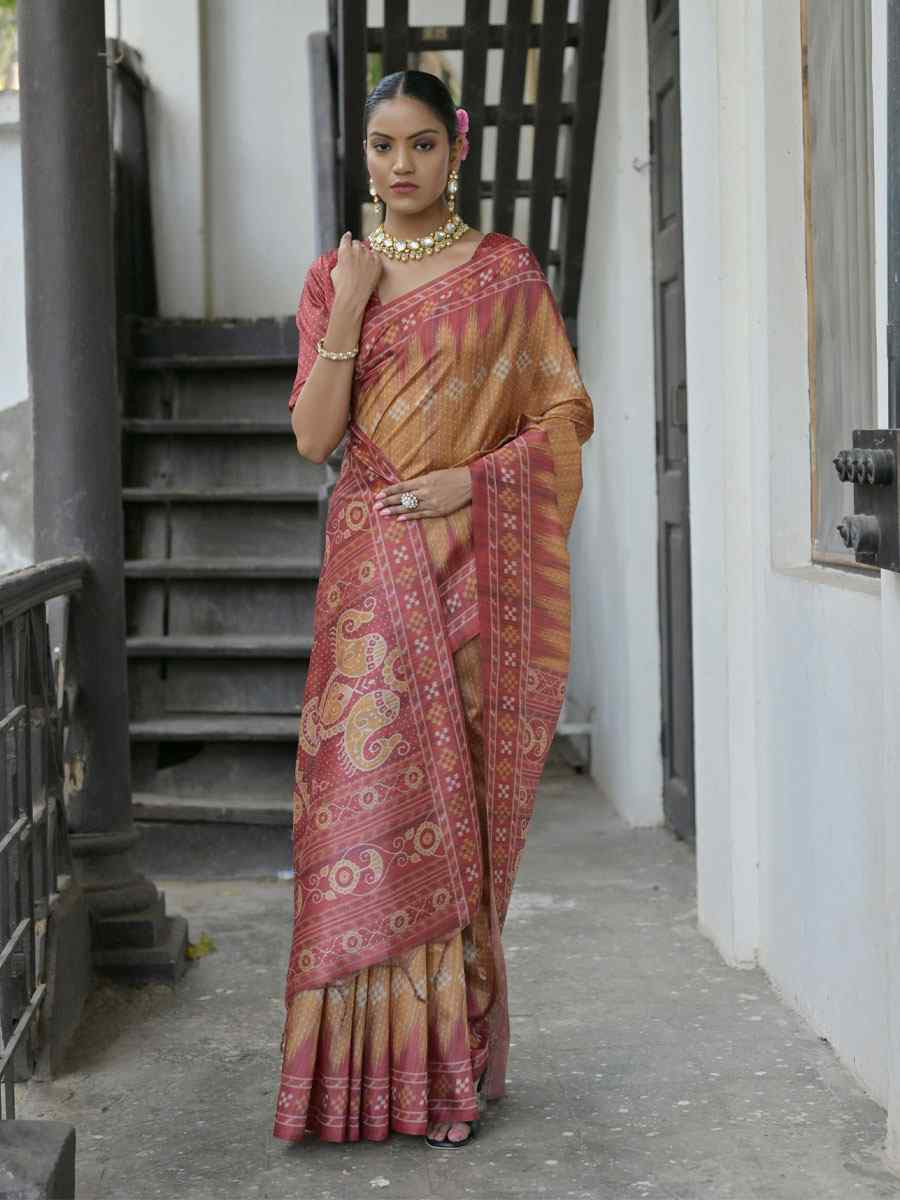 Yellow Soft Tussar Silk Printed Traditional Bridal Reception Festival Wedding Fancy Heavy Border Saree