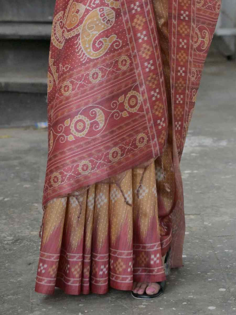 Yellow Soft Tussar Silk Printed Traditional Bridal Reception Festival Wedding Fancy Heavy Border Saree
