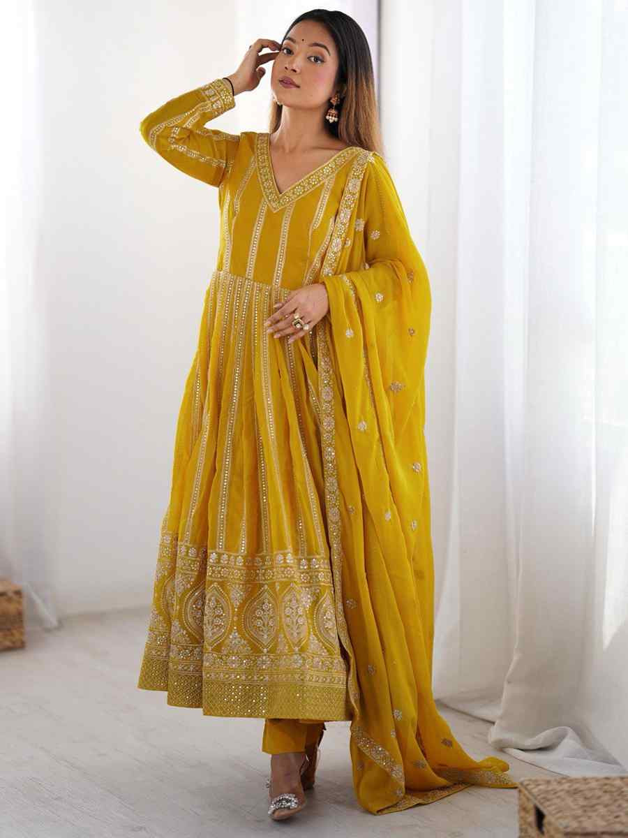 Yellow Star Georgette Embroidered Festival Casual Ready Anarkali Salwar Kameez