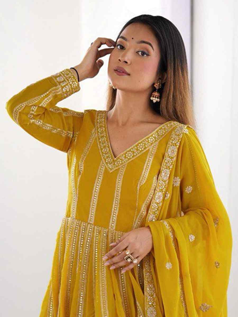 Yellow Star Georgette Embroidered Festival Casual Ready Anarkali Salwar Kameez
