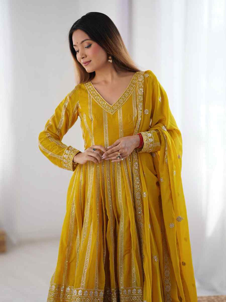 Yellow Star Georgette Embroidered Festival Casual Ready Anarkali Salwar Kameez