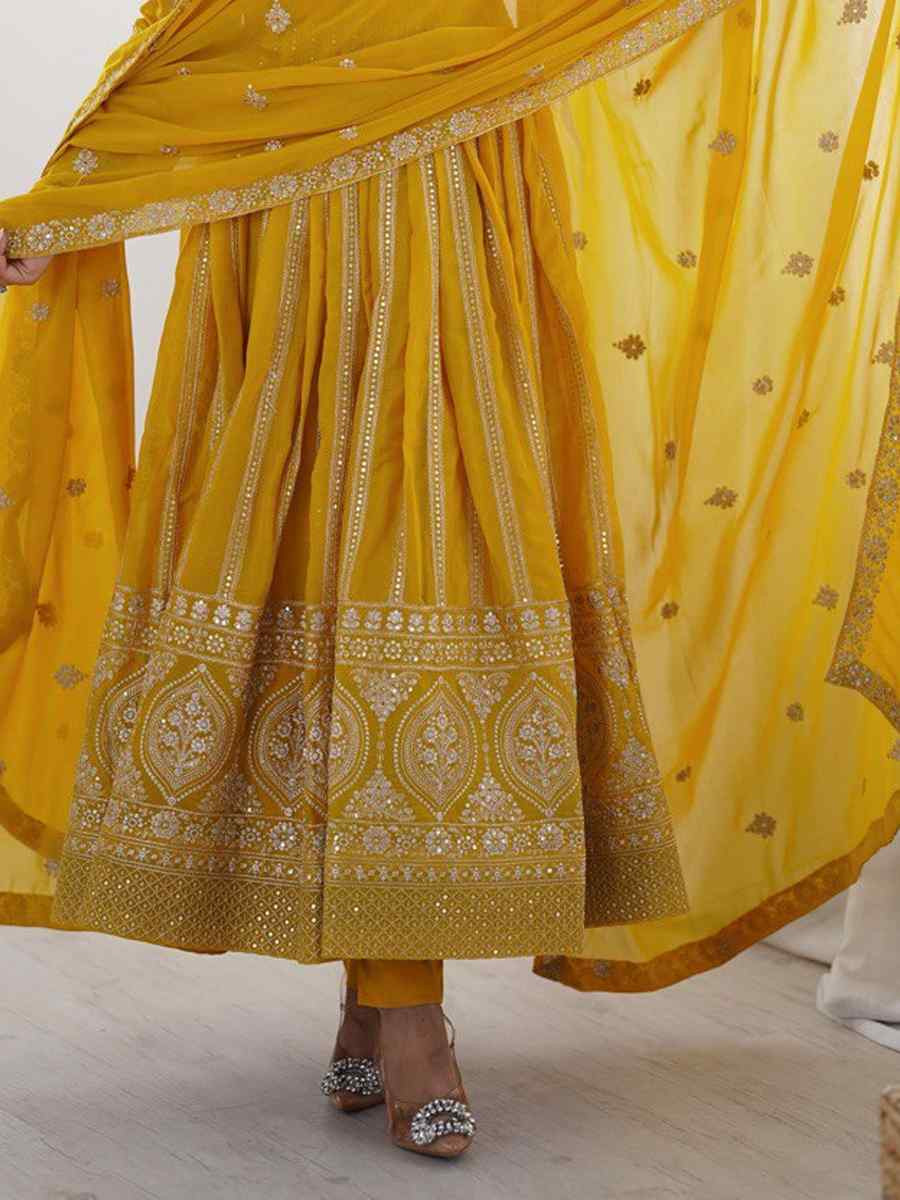 Yellow Star Georgette Embroidered Festival Casual Ready Anarkali Salwar Kameez