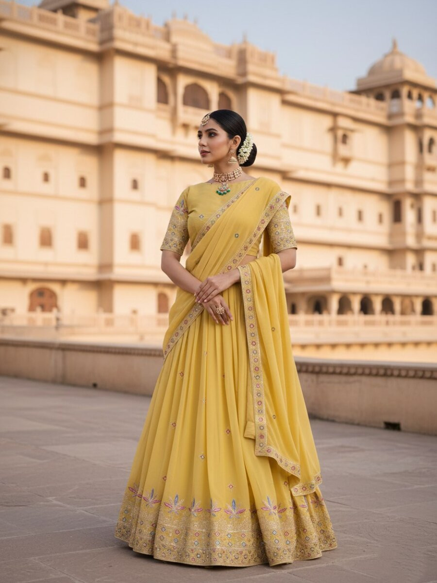 Yellow Star Georgette Embroidery Wedding Party Festival Heavy Border Lehenga Choli