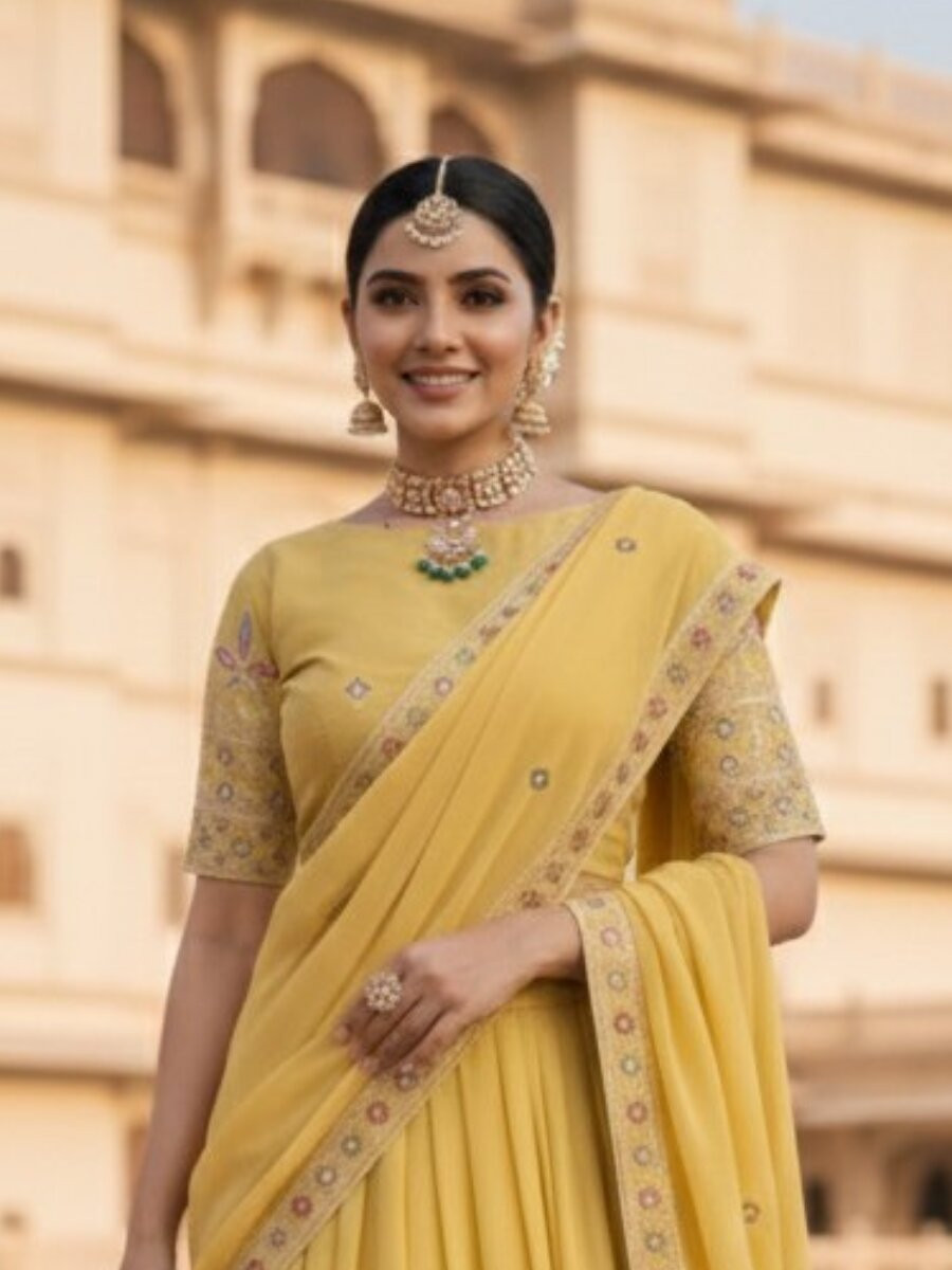 Yellow Star Georgette Embroidery Wedding Party Festival Heavy Border Lehenga Choli