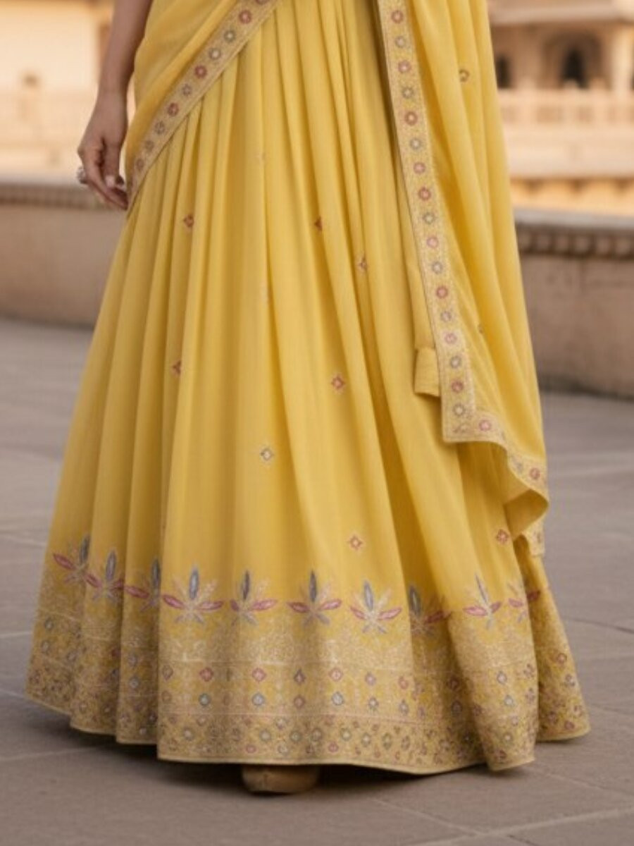 Yellow Star Georgette Embroidery Wedding Party Festival Heavy Border Lehenga Choli