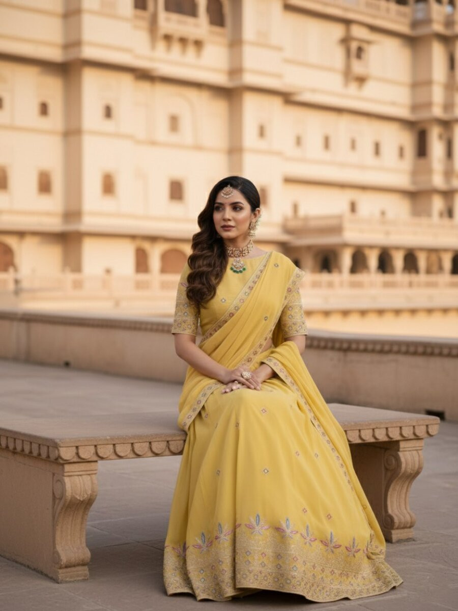 Yellow Star Georgette Embroidery Wedding Party Festival Heavy Border Lehenga Choli