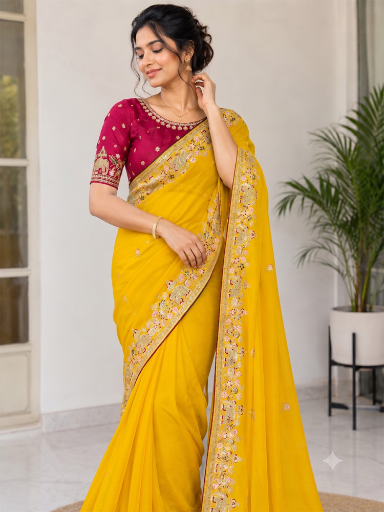 Image of Yellow Star Georgette Embroidery Wedding Reception Party Festival Casual Heavy Border Sarees