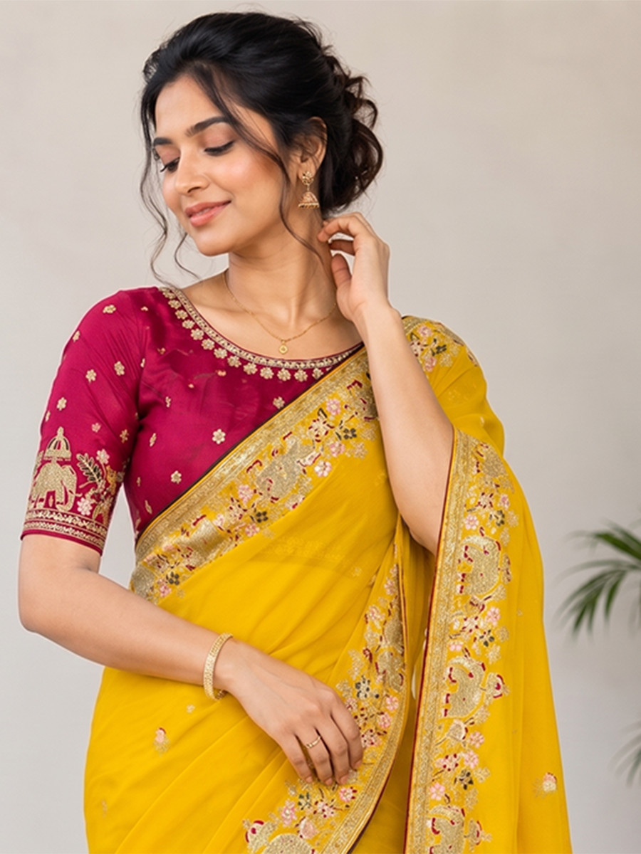 Yellow Star Georgette Embroidery Wedding Reception Party Festival Casual Heavy Border Sarees