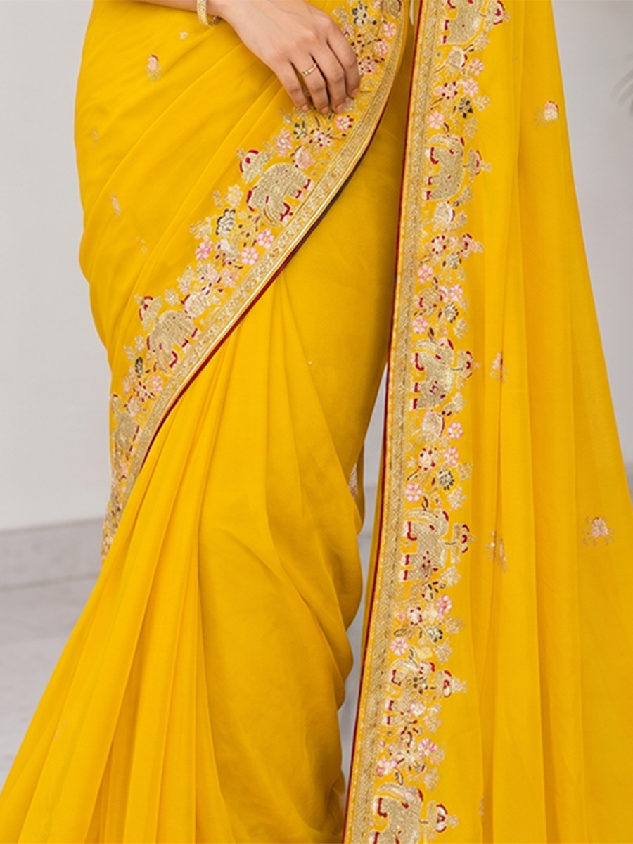 Yellow Star Georgette Embroidery Wedding Reception Party Festival Casual Heavy Border Sarees