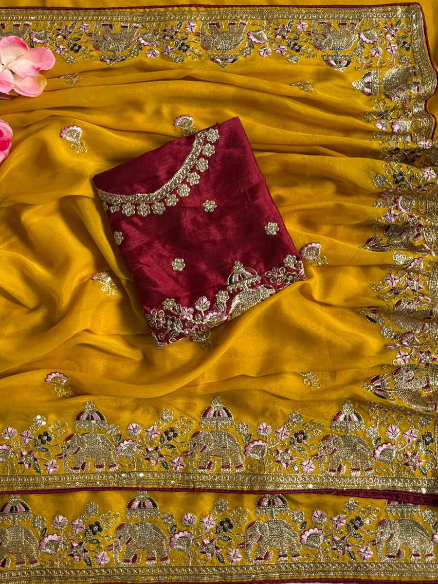 Yellow Star Georgette Embroidery Wedding Reception Party Festival Casual Heavy Border Sarees