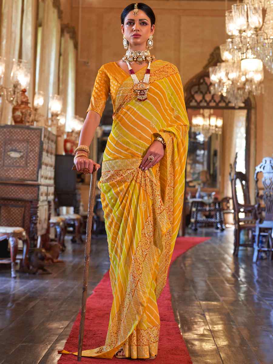 Yellow Super Georgette Handwoven Party Festival Heavy Border Saree