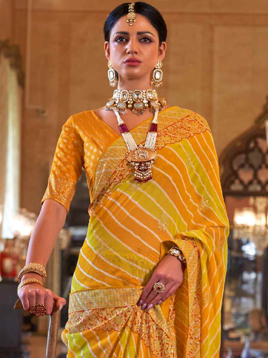 Yellow Super Georgette Handwoven Party Festival Heavy Border Saree